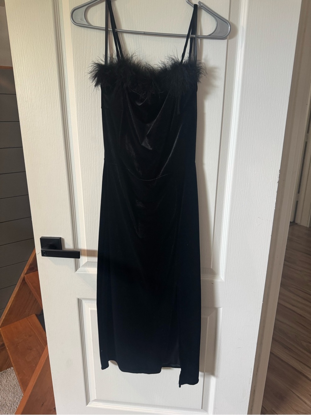 Windsor Black Velvet Midi Dress with Feather Trim